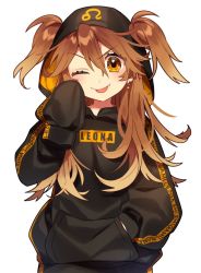 Rule 34 | 1girl, black hoodie, black sweater, blush, brown hair, character name, closed mouth, earrings, fang, fang out, hand in pocket, hand up, hood, hood up, hoodie, jewelry, leo (symbol), long hair, long sleeves, looking at viewer, one eye closed, re:act, sakura yuki (clochette), shishigami leona, sleeves past fingers, sleeves past wrists, solo, standing, star (symbol), star earrings, straight-on, sweater, tongue, tongue out, two side up, upper body, virtual youtuber, yellow eyes