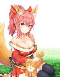 Rule 34 | 10s, 2018, absurdres, alternate costume, alternate hairstyle, animal ears, auna, black thighhighs, blush, breasts, cleavage, collarbone, fangs, fate/extra, fate/grand order, fate (series), fox, fox ears, fox tail, hair ribbon, highres, japanese clothes, kimono, large breasts, long hair, looking at viewer, new year, off shoulder, pink hair, ponytail, ribbon, seiza, sitting, solo, tail, tamamo (fate), tamamo no mae (fate/extra), thighhighs, yellow eyes