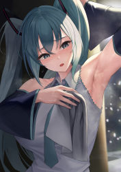 Rule 34 | 1girl, absurdres, alternate breast size, arm up, armpits, breasts, detached sleeves, grey shirt, hatsune miku, highres, large breasts, looking down, mute (mute89539160), nail polish, necktie, shirt, sleeveless, sleeveless shirt, solo, steaming body, sweatdrop, twintails, upper body, vocaloid