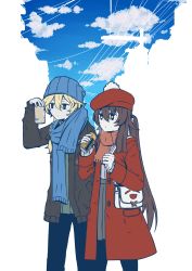 Rule 34 | 1boy, 1girl, absurdres, aether (genshin impact), alternate costume, alternate hairstyle, annoyed, arm up, bag, beanie, beret, black pants, blonde hair, blue scarf, blue sky, braid, brown hair, brown jacket, can, canned coffee, cloud, cloudy sky, coat, commission, drink can, genshin impact, gloves, greedydeviant, green shirt, hair between eyes, handbag, hat, highres, hu tao (genshin impact), jacket, long hair, pants, pantyhose, parted lips, pleated skirt, ponytail, red scarf, scarf, shirt, single braid, skirt, sky, trench coat, white gloves, white shirt, winter clothes