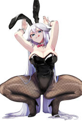 Rule 34 | 1girl, amaairito, animal ears, arms up, bow, bowtie, breasts, detached collar, hair between eyes, high heels, highres, indie virtual youtuber, large breasts, leotard, long hair, looking at viewer, pantyhose, playboy bunny, rabbit ears, simple background, solo, strapless, strapless leotard, tongue, tongue out, vei (vtuber), very long hair, virtual youtuber, white background, white hair, wrist cuffs