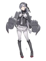 Rule 34 | 1girl, anchor symbol, black headband, black sailor collar, bodysuit, chou-10cm-hou-chan (suzutsuki&#039;s), clothes writing, contrapposto, dress, full body, grey jacket, hachimaki, headband, highres, jacket, jacket on shoulders, kantai collection, knt02142769, long hair, looking at viewer, machinery, neckerchief, one side up, pleated dress, sailor collar, silver hair, simple background, skirt, solo, suzutsuki (kancolle), symbol-only commentary, white background, white bodysuit, white headband, white neckerchief, white skirt