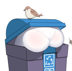 Rule 34 | 1girl, animal, arrow (symbol), ass, ass focus, bird, blue archive, from behind, heart, heart print, highres, in container, leaf, lower body, miyu (blue archive), panties, panties under pantyhose, pantyhose, recycle bin, recycling symbol, simple background, solo, sparrow, thighs, tiamohly, trash can, underwear, white background, white pantyhose