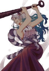 Rule 34 | 1girl, absurdres, armpits, arms up, bare arms, bare shoulders, club, club (weapon), curled horns, earrings, evil smile, fighting stance, floating hair, green hair, hair ornament, hair stick, high ponytail, highres, holding, holding weapon, horns, huge filesize, japanese clothes, jewelry, kanabou, kataginu, long hair, looking afar, multicolored hair, multicolored horns, one piece, oni, open mouth, red horns, rope, ruang, shimenawa, sidelocks, smile, solo, twisted torso, very long hair, weapon, white hair, yamato (one piece), yellow eyes, yellow horns