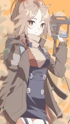 Rule 34 | 1girl, arknights, bad id, bad twitter id, beige sweater, blue skirt, blurry, bow, brown hair, brown jacket, buttons, commentary, cowboy shot, depth of field, feather hair, garter straps, gun, hand up, high-waist skirt, highres, holding, holding gun, holding weapon, jacket, legs together, long hair, looking at viewer, miniskirt, mole, mole under eye, nail gun, open clothes, open jacket, orange bow, orange eyes, pinecone (arknights), ponytail, shoujo l, skirt, solo, weapon