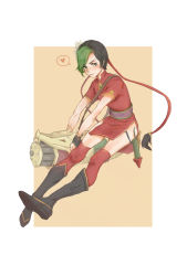 Rule 34 | 1girl, absurdres, black footwear, black hair, blush, boots, breasts, chinese clothes, dress, firecracker jinx, flower, gatling gun, green hair, grey flower, hair flower, hair ornament, highres, jinx (league of legends), knee boots, league of legends, long hair, looking at viewer, minigun, multicolored hair, official alternate costume, orange background, red thighhighs, rocket, ruan chen yue, short sleeves, smile, solo, thighhighs, two-tone hair, white background