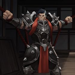 Rule 34 | 1boy, armor, armpit hair, armpits, bara, bdsm, black hair, bondage, bound, chest armor, clenched hands, darius (league of legends), feet out of frame, gauntlets, highres, league of legends, leg armor, loincloth, looking to the side, male focus, manly, mature male, multicolored hair, muscular, muscular male, outstretched arms, rope, scar, scar on face, short hair, shoulder armor, solo, spiked armor, spiked hair, spread arms, spread legs, teeth, thick arms, thick eyebrows, wanchibaby, white hair, wooden floor