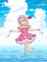 Rule 34 | 15citron, 1girl, alternate costume, barefoot, blonde hair, blue sky, cloud, commentary request, contrail, day, dress, frilled dress, frills, grecale (kancolle), green eyes, hair ornament, hairclip, hat, highres, horizon, kantai collection, long hair, ocean, outdoors, pink dress, shoes, sky, solo, sun hat, unworn shoes, wading, water, wavy hair, white hat
