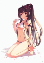Rule 34 | 10s, 1girl, absurdres, barefoot, bikini, breasts, brown hair, cleavage, collarbone, feet, full body, h2so4, hands on feet, highres, kantai collection, kneeling, long hair, looking at viewer, navel, petals, ponytail, scan, smile, solo, swimsuit, toes, underboob, very long hair, white bikini, yamato (kancolle)