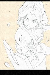 Rule 34 | 1girl, absurdres, animal ears, aquaplus, bare shoulders, boots, breasts, cleavage, cleavage cutout, clothing cutout, collarbone, cowboy shot, curly hair, from above, from side, highres, holding, holding weapon, jewelry, large breasts, long hair, looking to the side, monochrome, munechika, necklace, open mouth, pex, sidelocks, sleeveless, solo, strapless, thigh boots, thighs, tube top, utawarerumono, utawarerumono: itsuwari no kamen, weapon