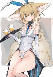 Rule 34 | 1girl, animal ears, areola slip, arknights, arm support, black collar, blonde hair, blue necktie, blush, breasts, cameltoe, cleft of venus, collar, commentary, detached collar, detached sleeves, extra ears, fake animal ears, feet out of frame, fox ears, fox girl, fox tail, green eyes, groin, highres, holding, holding tray, indoors, infection monitor (arknights), leotard, looking at viewer, material growth, mikozin, multiple tails, necktie, oripathy lesion (arknights), rabbit ears, short hair, small breasts, solo, suzuran (arknights), sweat, symbol-only commentary, tail, tray, white collar, white leotard, white sleeves