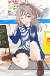 Rule 34 | 1girl, alternate costume, black skirt, brown eyes, brown footwear, card, commentary request, employee uniform, hachimaki, headband, high ponytail, highres, holding, holding card, kantai collection, lawson, light brown hair, long hair, long sleeves, one eye closed, open mouth, pleated skirt, shoes, skirt, solo, umino haruka (harukaumino6), uniform, zuihou (kancolle)