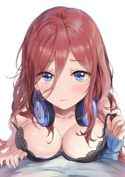 Rule 34 | 1girl, black bra, blue cardigan, blue eyes, blush, bra, breasts, brown hair, cardigan, cleavage, closed mouth, commentary request, go-toubun no hanayome, hair between eyes, headphones, headphones around neck, highres, large breasts, long hair, long sleeves, looking at viewer, nakano miku, saya (mychristian2), shirt, simple background, solo, strap slip, underwear, white background