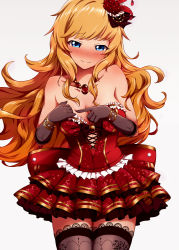 Rule 34 | 10s, 1girl, bare shoulders, black gloves, black thighhighs, blonde hair, blue eyes, blush, breasts, cleavage, corset, dress, gloves, hadome, hair ornament, highres, idolmaster, idolmaster cinderella girls, idolmaster cinderella girls starlight stage, jewelry, long hair, looking at viewer, necklace, ohtsuki yui, poking, red dress, smile, solo, thighhighs