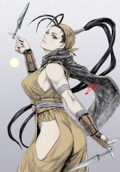 Rule 34 | 1girl, bandaged arm, bandages, bare shoulders, black hair, black scarf, blush, brown eyes, brown headwear, capcom, fingernails, gradient background, grey background, hatching (texture), highres, hip vent, holding, holding weapon, ibuki (street fighter), kunai, long hair, ninja, parted lips, ponytail, scarf, signature, smile, solo, spinning, spinning weapon, star (symbol), street fighter, teeth, tobita nikiichi, vambraces, weapon