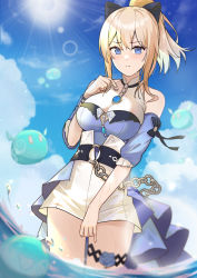 Rule 34 | 1girl, absurdres, blonde hair, blue eyes, blue sky, bow, breasts, chain, cleavage, flower, genshin impact, hair bow, highres, jean (genshin impact), jean (sea breeze dandelion) (genshin impact), large breasts, looking at viewer, partially submerged, ponytail, rose, shorts, sky, skying, slime (genshin impact), solo, standing, sunlight, white shorts