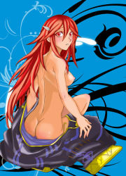 Rule 34 | 1girl, abstract background, artist request, ass, blush, breasts, cordelia (fire emblem), fire emblem, fire emblem awakening, hair ornament, long hair, looking at viewer, looking back, matching hair/eyes, nintendo, nipples, nude, red eyes, red hair, solo, very long hair