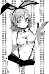 Rule 34 | 10s, 1girl, akino sora, animal ears, blush, breasts, rabbit ears, cleavage, glass, greyscale, hair ornament, hairclip, hand on own hip, highres, looking at viewer, love live!, love live! school idol project, medium breasts, monochrome, navel, nishikino maki, short hair, smile, solo, suspenders, tray, wrist cuffs
