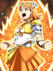 Rule 34 | 1girl, armor, armored dress, artist name, artist request, blush, bow, braid, breasts, clenched hand, dress, female focus, floating hair, hair bow, highres, looking at viewer, love live!, love live! sunshine!!, miniskirt, nail, nail polish, orange hair, orange skirt, parted lips, pink nails, pink nails, plaid, plaid dress, plaid skirt, pleated, pleated dress, pleated skirt, power-up, red eyes, short hair, shoulder armor, shoulder pads, side braid, single braid, skirt, smile, solo, sparkle, takami chika, teeth, v-shaped eyebrows, white dress, yellow bow