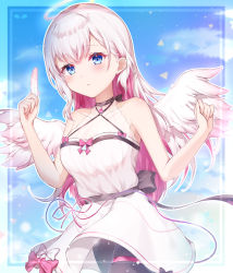 Rule 34 | 1girl, angel wings, avatar 2.0 project, black choker, black pantyhose, blue eyes, blush, choker, collarbone, cowboy shot, dress, feathered wings, feathers, hair between eyes, holding, holding feather, long hair, looking at viewer, multicolored hair, musubime yui, pantyhose, pink hair, short dress, silver hair, sleeveless, sleeveless dress, solo, standing, straight hair, two-tone hair, very long hair, virtual youtuber, white dress, white wings, wings, zky (oekaky)