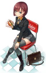 Rule 34 | 1girl, :t, bag, blazer, blue eyes, boots, breasts, brown hair, burger, checkered clothes, checkered flag, checkered floor, checkered neckwear, checkered skirt, eating, flag, food, food on face, from above, grey thighhighs, hair ornament, hairclip, hand on own knee, highres, jacket, knee boots, knees together feet apart, original, plaid, plaid skirt, ribbon, school bag, school uniform, short hair, sitting, skirt, small breasts, solo, takeuchi aya, thighhighs, zettai ryouiki
