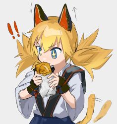 Rule 34 | !, !!, 1girl, animal ears, blonde hair, blue eyes, cat ears, cat tail, chesed (uporyz), commentary request, eating, girls&#039; frontline, grey background, hair between eyes, highres, idw (girls&#039; frontline), idw (roly-poly ninja cat) (girls&#039; frontline), japanese clothes, long hair, official alternate costume, simple background, solo, star-shaped pupils, star (symbol), symbol-shaped pupils, tail, tail wagging, twintails, upper body
