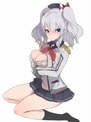 Rule 34 | 10s, 1girl, agu, bad id, bad twitter id, black eyes, black skirt, blush, breasts, cleavage, female focus, hair ribbon, hat, kantai collection, kashima (kancolle), large breasts, long hair, military, military uniform, miniskirt, open clothes, ribbon, silver hair, simple background, sitting, skirt, solo, twintails, uniform, white background