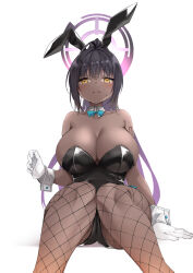 Rule 34 | 1girl, animal ears, arm tattoo, ass, bare shoulders, black hair, black leotard, blue archive, bow, breasts, cleavage, collarbone, commentary request, dark-skinned female, dark skin, detached collar, fake animal ears, fishnet pantyhose, fishnets, frown, gloves, hair between eyes, halo, highres, huge breasts, kanmuri (kannmuri0227), karin (blue archive), karin (bunny) (blue archive), leotard, long hair, looking at viewer, number tattoo, official alternate costume, pantyhose, playboy bunny, ponytail, rabbit ears, sidelocks, simple background, sitting, sleeveless, solo, strapless, strapless leotard, sweatdrop, tattoo, white background, white gloves, wrist cuffs, yellow eyes