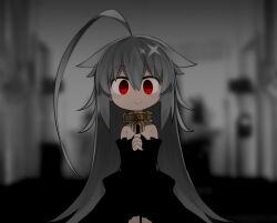 Rule 34 | 1girl, ahoge, bare shoulders, bell, black dress, blurry, blurry background, closed mouth, collar, commentary request, cowboy shot, dark-skinned female, dark skin, dress, empty eyes, grey background, grey hair, hair flaps, hands up, huge ahoge, interlocked fingers, jingle bell, kisaragi kaya, long hair, looking at viewer, metal collar, neck bell, original, own hands clasped, own hands together, red eyes, smile, solo, very long hair, yste