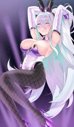 Rule 34 | 1girl, absurdres, animal ears, aqua pupils, areola slip, armpits, arms behind head, arms up, azur lane, breasts, cleavage, detached collar, elbow gloves, fake animal ears, fishnet pantyhose, fishnets, gloves, hands in own hair, high heels, highleg, highleg leotard, highres, kearsarge (all night charge) (azur lane), kearsarge (azur lane), large breasts, leotard, long hair, moobong, multicolored leotard, official alternate costume, pantyhose, playboy bunny, ponytail, purple leotard, rabbit ears, strapless, strapless leotard, undersized breast cup, white hair