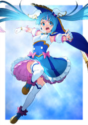 Rule 34 | 1girl, absurdres, armpits, blue cape, blue eyes, blue hair, breasts, cape, commentary request, cure sky, fingerless gloves, gloves, highres, hirogaru sky! precure, kazuma muramasa, long hair, magical girl, medium breasts, open mouth, precure, shoes, solo, sora harewataru, teeth, thighs, twintails, upper teeth only, white background, white gloves