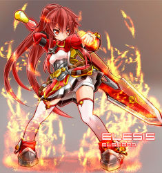 Rule 34 | 1girl, armor, armored dress, belt, character name, copyright name, elesis (elsword), elsword, fire, free knight (elsword), full body, grey background, karukan (monjya), long hair, necktie, ponytail, red eyes, red hair, serious, shoes, shorts, shorts under skirt, skirt, solo, sword, thighhighs, weapon, white thighhighs