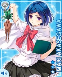 Rule 34 | akasegawa maki, black skirt, blue background, blue hair, blue jacket, blue skirt, book, bow, candle, card, character name, closed mouth, collar, crystal ball, girlfriend (kari), holding, hood, jacket, jewelry, looking at viewer, mandrake, necklace, official art, purple eyes, qp:flapper, red bow, robe, school uniform, short hair, skirt, smile, sweater, table, tagme