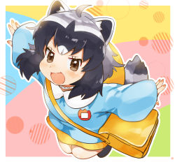 Rule 34 | 1girl, ahoge, animal ears, bag, black hair, blonde hair, blue shirt, brown eyes, commentary, common raccoon (kemono friends), grey hair, highres, kemono friends, kindergarten bag, kindergarten uniform, long sleeves, multicolored hair, name tag, open mouth, outstretched arms, raccoon ears, raccoon girl, raccoon tail, school uniform, shirt, smile, solo, suicchonsuisui, tail, v-shaped eyebrows