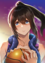 Rule 34 | 1girl, ball, bare shoulders, basketball, basketball (object), blue sky, blurry, blurry background, brown hair, commentary request, depth of field, fingernails, floating hair, hair between eyes, highres, holding, idolmaster, idolmaster cinderella girls, long hair, looking at viewer, nohito, parted lips, ponytail, purple eyes, purple sky, sagisawa fumika, sky, solo, sunset, sweat, towel, towel around neck, upper body