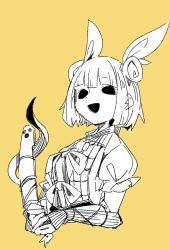 Rule 34 | 1girl, android (os), armor, armored dress, blunt bangs, cropped torso, double bun, hair bun, hair ribbon, haniwa (statue), highres, holding, hollow eyes, joutouguu mayumi, massakasama, monochrome, open mouth, ribbon, short hair, short sleeves, simple background, smile, solo, statue, touhou, upper body, vambraces, yellow background
