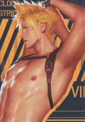 Rule 34 | 1boy, armpits, arms behind head, blonde hair, character name, cloud strife, earrings, final fantasy, final fantasy vii, grey eyes, harness, highres, jewelry, leather, male focus, nipples, open mouth, penguin frontier, topless male, single earring, solo, sweat, toned