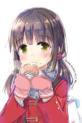 Rule 34 | 1girl, :t, bag, blush, brown hair, closed mouth, coat, commentary request, dated, eating, food, food on face, food request, green eyes, hands up, holding, holding food, jin young-in, long hair, long sleeves, looking at viewer, low twintails, mittens, original, pink mittens, red coat, simple background, solo, steam, twintails, twitter username, white background