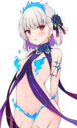 Rule 34 | 1girl, absurdres, bare shoulders, blue fire, blue hair, blush, body markings, breasts, earrings, fate/grand order, fate (series), fire, flower, hair flower, hair ornament, hair ribbon, highres, jewelry, kama (fate), kama (swimsuit avenger) (fate), kama (swimsuit avenger) (first ascension) (fate), kama (swimsuit avenger) (third ascension) (fate), looking at viewer, lotus, multicolored hair, navel, open mouth, red eyes, revealing clothes, ribbon, shimejirou (000kk), short hair, simple background, small breasts, solo, star (symbol), star earrings, thighs, two-tone hair, white background, white hair