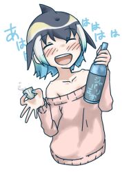 1girl alcohol alternate_costume bare_shoulders black_hair blonde_hair blowhole blue_hair blue_nails blush closed_eyes collarbone common_dolphin_(kemono_friends) cup dolphin_girl dorsal_fin fins hair_between_eyes head_fins highres kemono_friends long_sleeves miyu_uduki multicolored_hair nail_polish off-shoulder_sweater off_shoulder open_mouth pink_sweater sake sidelocks smile solo sweater translation_request white_hair