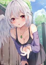 Rule 34 | 1girl, black skirt, blush, breasts, cleavage, collarbone, cowboy shot, grey hair, hair between eyes, highres, jewelry, kishin sagume, large breasts, necklace, niko kusa, open mouth, pleated skirt, purple shirt, red eyes, shirt, short hair, single wing, skirt, solo, touhou, white wings, wings