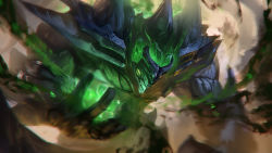 Rule 34 | 1boy, absurdres, alternate costume, blurry, colored skin, glowing, glowing eyes, green skin, green theme, highres, league of legends, male focus, malphite, solo, wutu (1183238220)