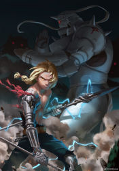 Rule 34 | 1boy, alphonse elric, armor, artist name, bare shoulders, belt, black pants, blonde hair, braid, chain, closed mouth, collarbone, edward elric, electricity, fighting stance, fullmetal alchemist, gloves, glowing, glowing eyes, highres, holding, holding polearm, holding spear, holding weapon, lightning, long hair, looking at viewer, looking to the side, mechanical arms, pants, parted bangs, polearm, red eyes, single braid, single glove, single mechanical arm, spear, standing, topless male, weapon, white gloves, whoareuu, yellow eyes