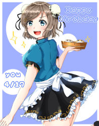 Rule 34 | 1girl, absurdres, arm support, artist request, blue dress, blue eyes, blue footwear, blush, breasts, china dress, chinese clothes, dress, earrings, female focus, floral print, high heels, highres, jewelry, light brown hair, love live!, love live! sunshine!!, medium breasts, shoes, short hair, short sleeves, smile, solo, thighs, turtleneck, watanabe you