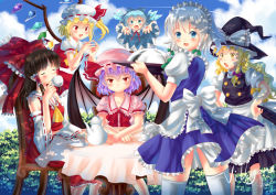Rule 34 | 6+girls, :d, ascot, bat wings, black hair, blonde hair, blue eyes, blue hair, bow, carrying, chair, cirno, cup, drinking, closed eyes, flandre scarlet, hair bow, hair ribbon, hakurei reimu, hands on own hips, hat, holding, ice, ice wings, izayoi sakuya, kirisame marisa, looking at viewer, looking back, maid, maid headdress, mob cap, multiple girls, open mouth, purple hair, red eyes, remilia scarlet, ribbon, silver hair, smile, table, teacup, touhou, tray, villyane, wings, witch hat, yellow eyes
