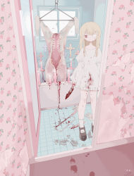 Rule 34 | 1girl, absurdres, bathroom, bathtub, black footwear, blonde hair, blood, blood in hair, blood on clothes, blood on ground, blood on hands, blood on leg, blood splatter, blood stain, bloody footprints, bloody knife, bonesaw, candle, collarbone, commentary, corpse, cross, death, dismemberment, dress, empty eyes, expressionless, floral print, frilled dress, frilled socks, frills, gauze, guro, hacksaw, hair ornament, hairclip, headless, highres, holding, holding knife, indoors, knife, latin cross, long hair, long sleeves, looking at viewer, mary janes, mutilation, one eye covered, open door, original, outo eguchi, parted lips, red eyes, ritual, rose print, saw, severed hand, shoes, short dress, signature, socks, solo, standing, straight hair, tile floor, tiles, twitter username, white dress, white socks, window