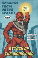 Rule 34 | 1boy, abs, absurdres, belt, bionicle, black belt, bodysuit, character name, city, commentary, cover, cover page, english commentary, fake cover, giant, glowing, glowing hand, helmet, highres, looking at viewer, male focus, novel cover, orange eyes, red bodysuit, sabretooth1100, solo, the lego group, tokusatsu, vakama (bionicle), western comics (style)