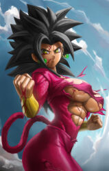 abs absurdres artist_name blood body_fur commentary crop_top dragon_ball dragon_ball_super earrings elite_nappa english_commentary fusion highres jewelry kefla_(dragon_ball) monkey_tail muscular muscular_female potara_earrings red_fur saiyan spiked_hair super_saiyan super_saiyan_4 tail torn_clothes