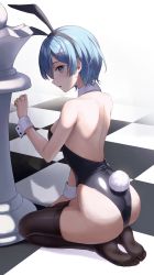 Rule 34 | 1girl, :o, absurdres, alternate costume, animal ears, ass, back, backless leotard, backless outfit, bare arms, bare shoulders, black hairband, black thighhighs, blue eyes, blue hair, blush, breasts, checkered floor, chess piece, fake animal ears, fake tail, from side, full body, hair ornament, hairband, hairclip, highres, leotard, looking at viewer, looking to the side, medium breasts, nea (nea 77), no shoes, parted lips, playboy bunny, queen (chess), rabbit ears, rabbit tail, re:zero kara hajimeru isekai seikatsu, rem (re:zero), seiza, short hair, sideboob, simple background, sitting, skindentation, solo, tail, thighhighs, white background, wrist cuffs, x hair ornament
