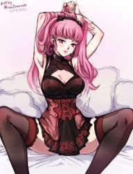 Rule 34 | 1girl, 2021, armpits, arms up, artist name, bare shoulders, blunt bangs, breasts, cleavage, dated, dress, earrings, feet out of frame, female focus, fire emblem, fire emblem: three houses, heart, hilda valentine goneril, hoop earrings, jewelry, large breasts, long hair, looking at viewer, matching hair/eyes, mina cream, nintendo, pillow, pink eyes, pink hair, sitting, sleeveless, solo, spread legs, thighhighs, watermark